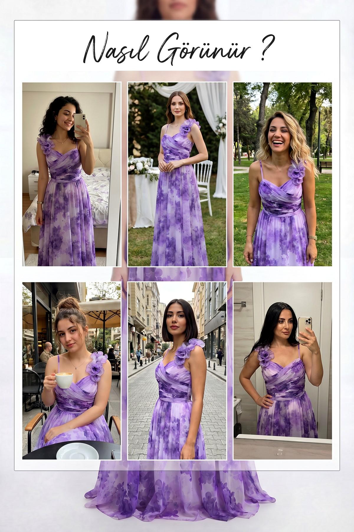 Mor batik desenli, tek omuz, çiçek detaylı uzun abiye elbise farklı açılardan ve kullanım şekilleri