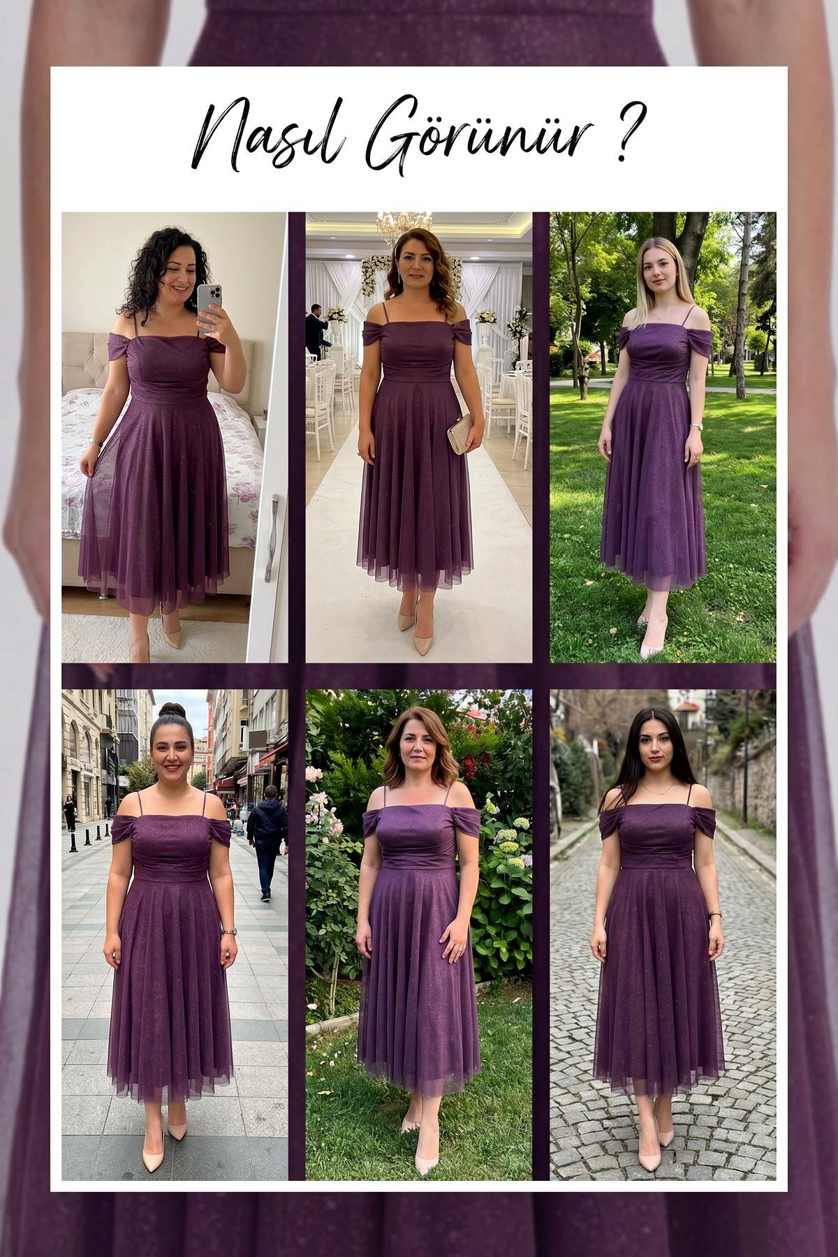 Mor simli tül midi boy düşük omuz detaylı abiye elbise denemeleri
