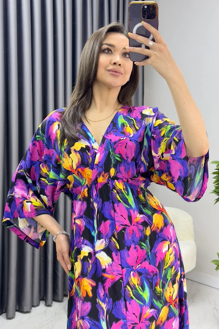 Mor Çiçek Desenli Viskon Yazlık Elbise