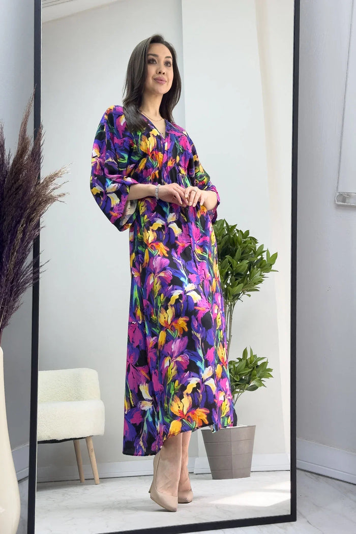 Mor Çiçek Desenli Viskon Yazlık Elbise