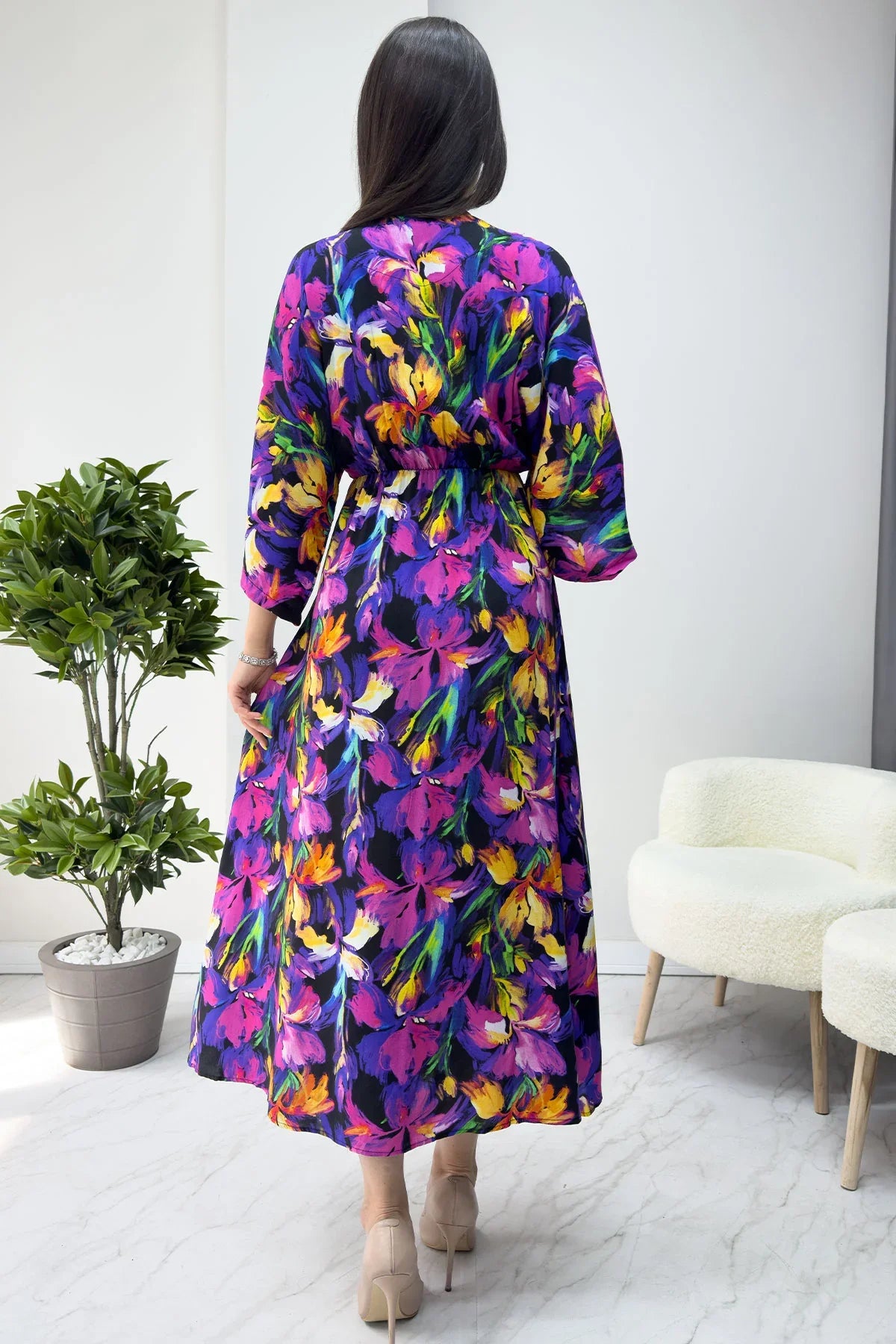 Mor Çiçek Desenli Viskon Yazlık Elbise