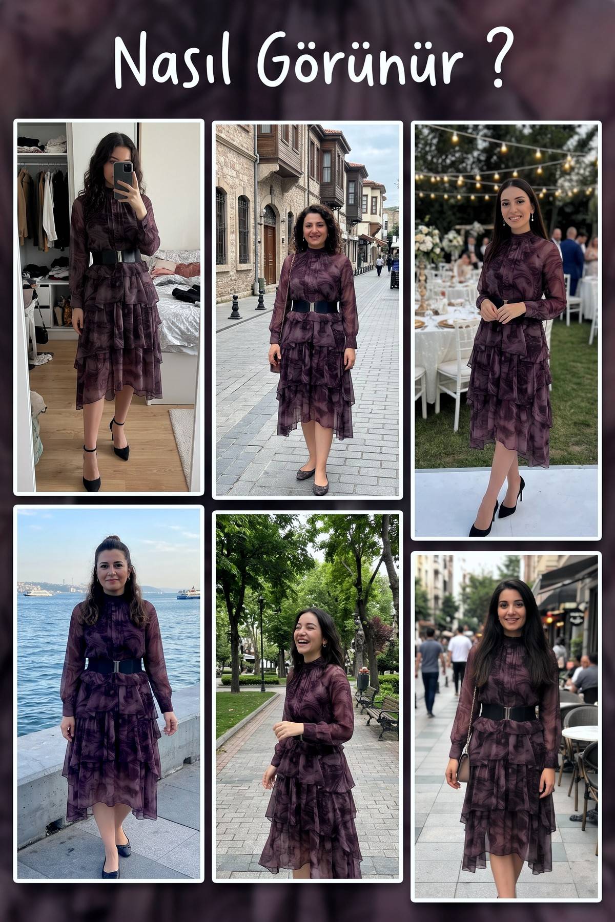 The ZKS mor desenli midi elbise, farklı kombinlerle giyilmiş halleri, ayakta ve otururken çekilmiş kolaj