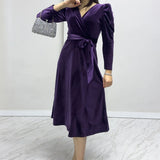 Mor Kadın Karpuz Kol Kruvaze Kadife Kuşaklı Büyük Beden Elbise
