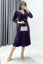 Mor Kadın Karpuz Kol Kruvaze Kadife Kuşaklı Büyük Beden Elbise

