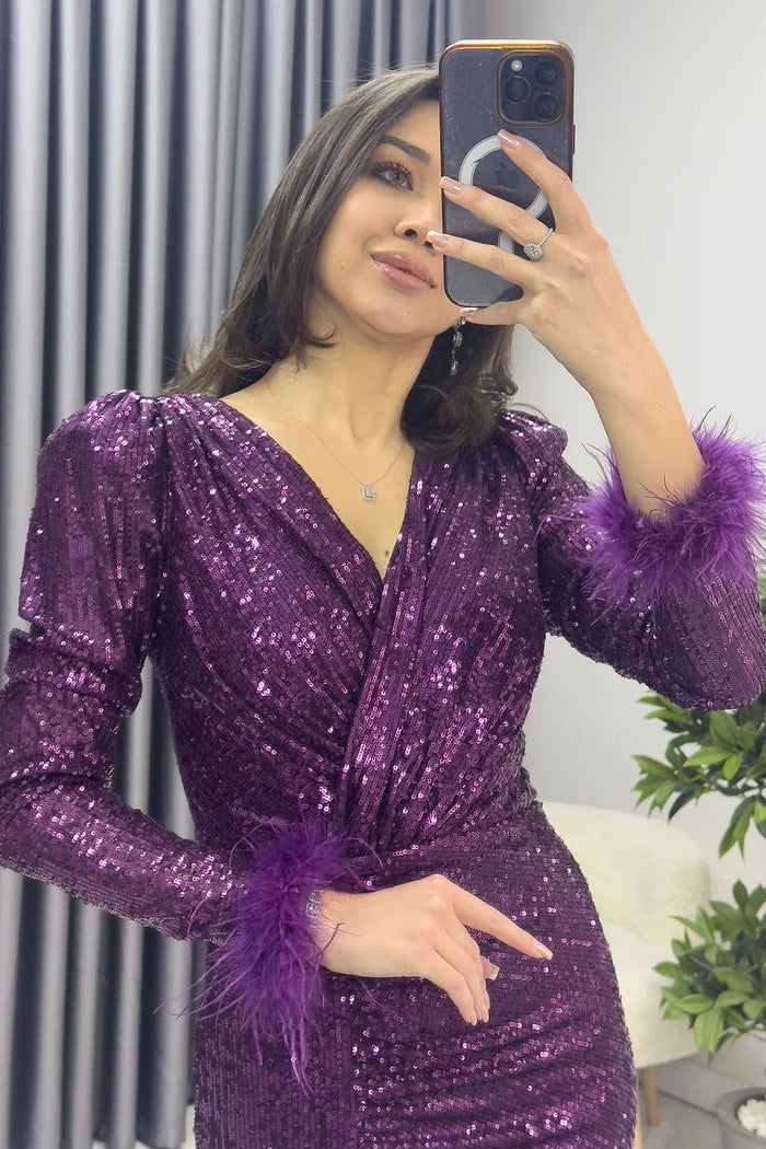 Mor Kruvaze Yaka Otriş Detay Pul Payet Yırtmaçlı Balık Abiye Elbise - the ZKS