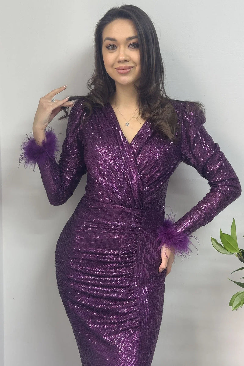 Mor Kruvaze Yaka Otriş Detay Pul Payet Yırtmaçlı Balık Abiye Elbise - the ZKS