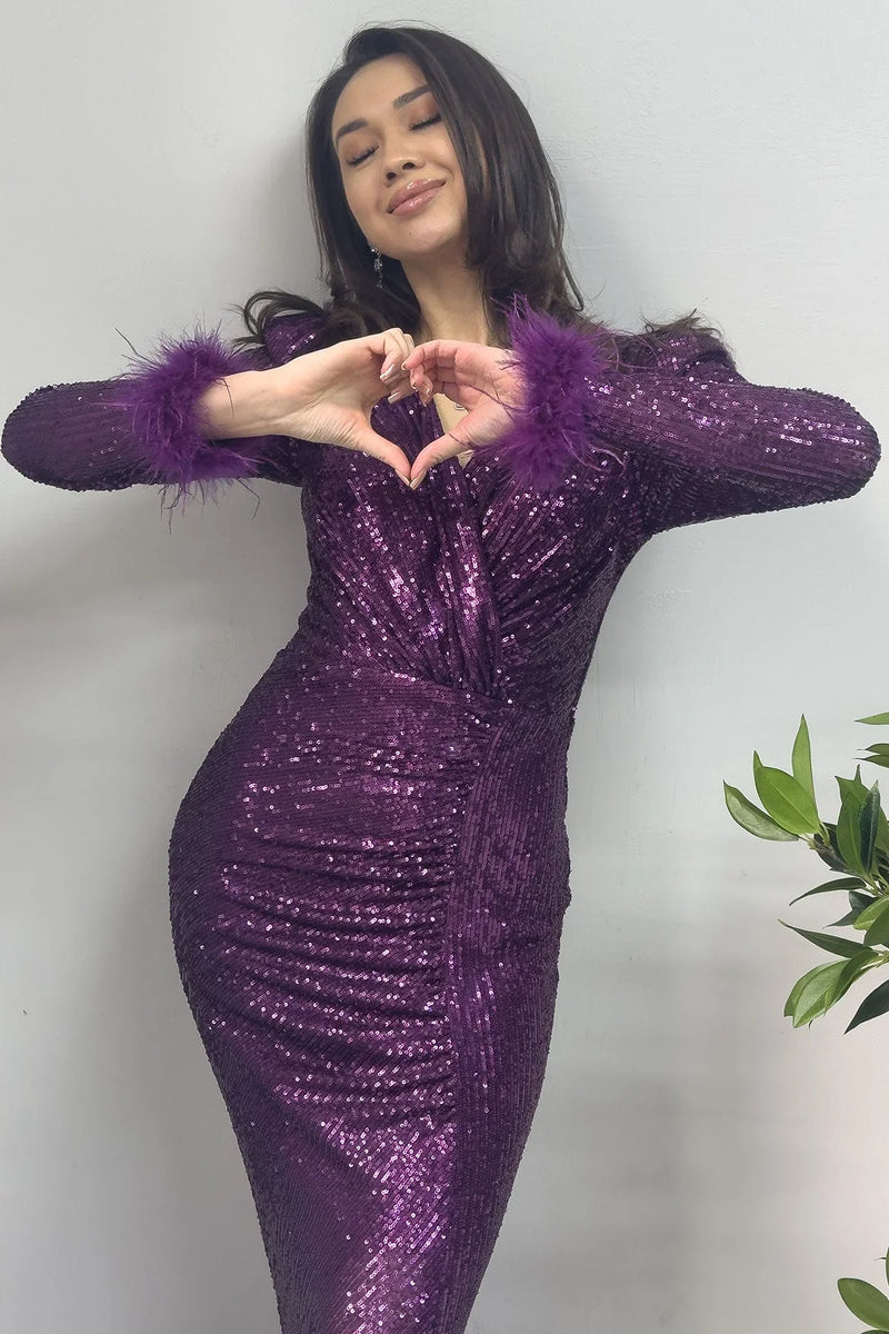 Mor Kruvaze Yaka Otriş Detay Pul Payet Yırtmaçlı Balık Abiye Elbise - the ZKS