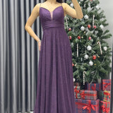 Mor Simli V Yaka Ayarlanabilir Yırtmaçlı Askılı Abiye Elbise