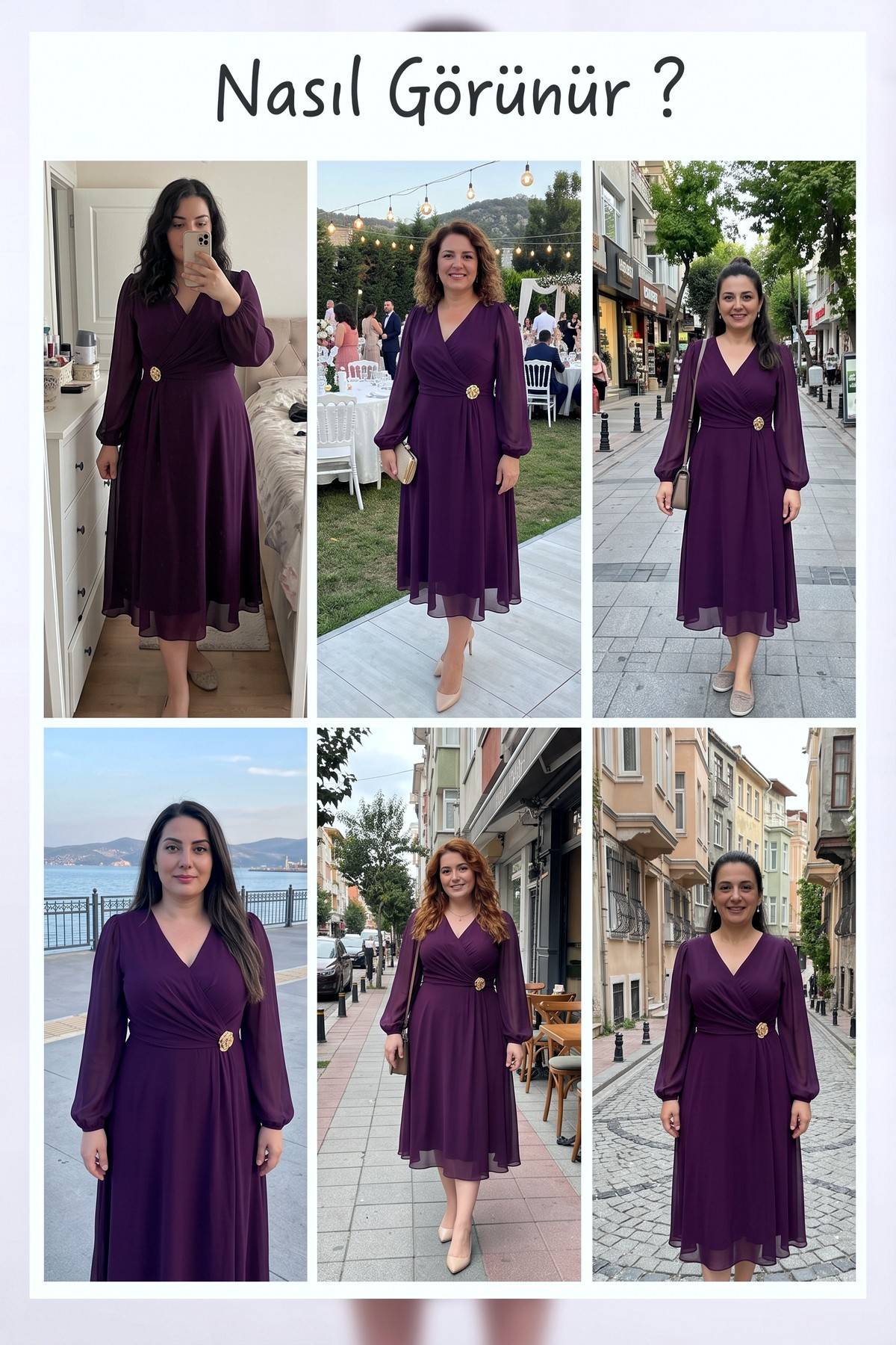 Farklı mekanlarda The ZKS mürdüm kruvaze şifon midi elbise kombinleri