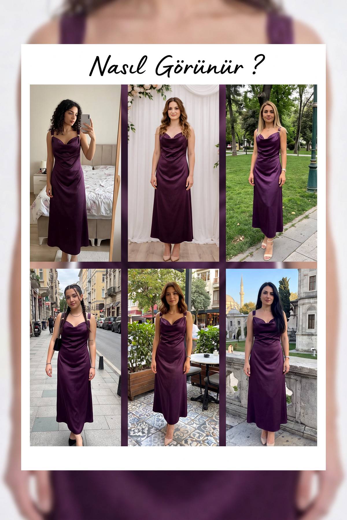 Farklı ortamlarda The ZKS mürdüm saten dökümlü yaka maxi elbise giymiş modellerinmiş kadınların kolajı