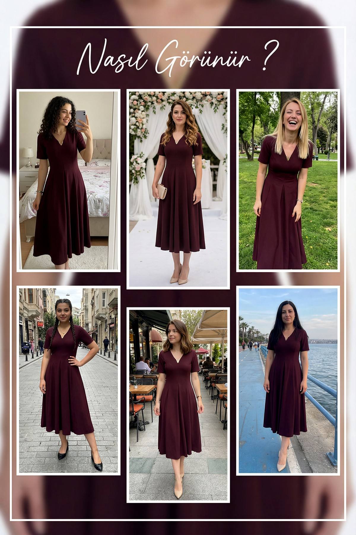 Mürdüm kısa kollu pileli v yaka midi boy günlük elbise denemesi