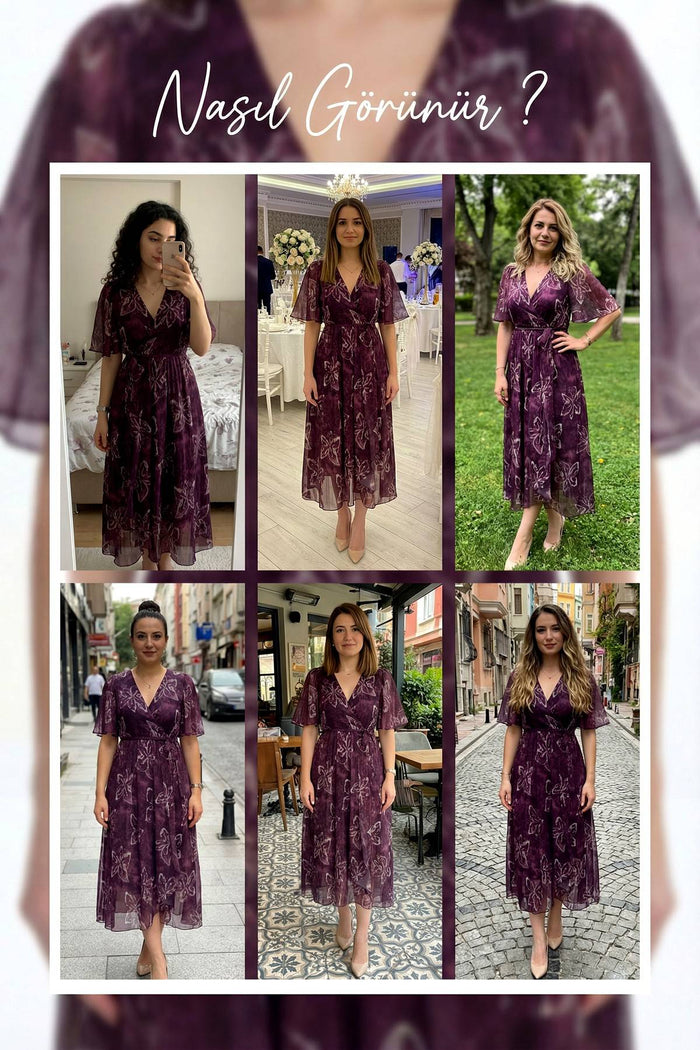 Mürdüm kısa kol asimetrik desenli elbise ,boydan deneme 