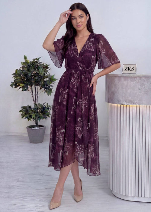 Mürdüm Şifon Desenli Asimetrik Midi Elbise – Kruvaze Yaka