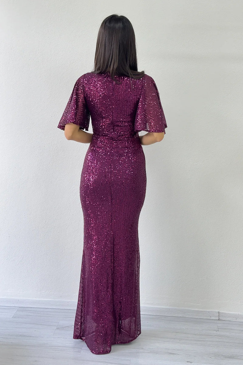 Kadın Mürdüm Volan Kol Pul Payet Balık Abiye Elbise