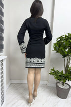 Siyah Uzun Kollu Nakış İşlemeli Elbise