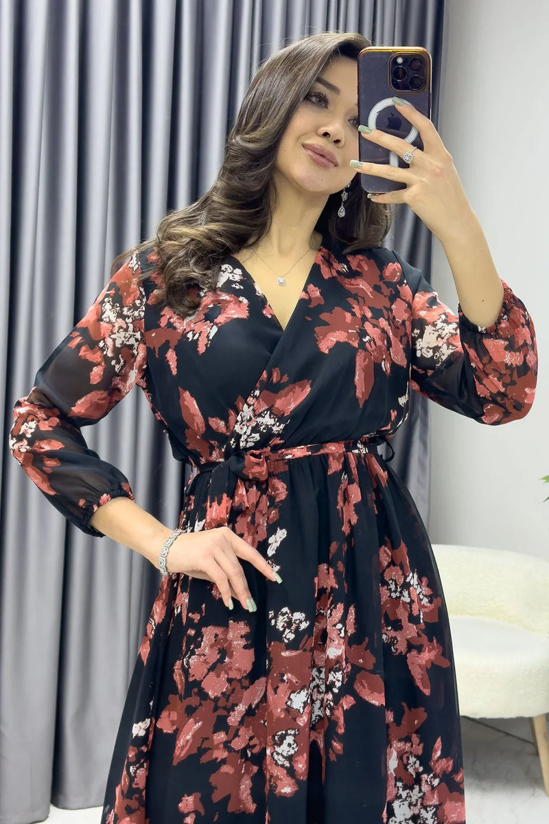 Nar Çiçeği Desenli Balon Kol Kruvaze Midi Boy Şifon Elbise - the ZKS