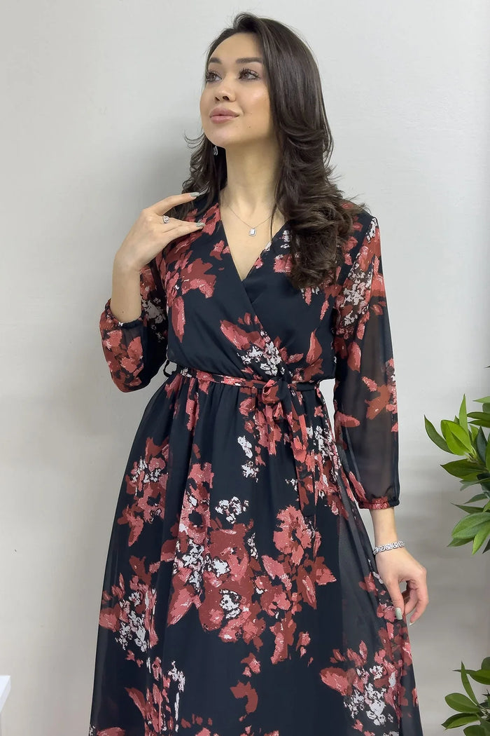 Nar Çiçeği Desenli Balon Kol Kruvaze Midi Boy Şifon Elbise - the ZKS
