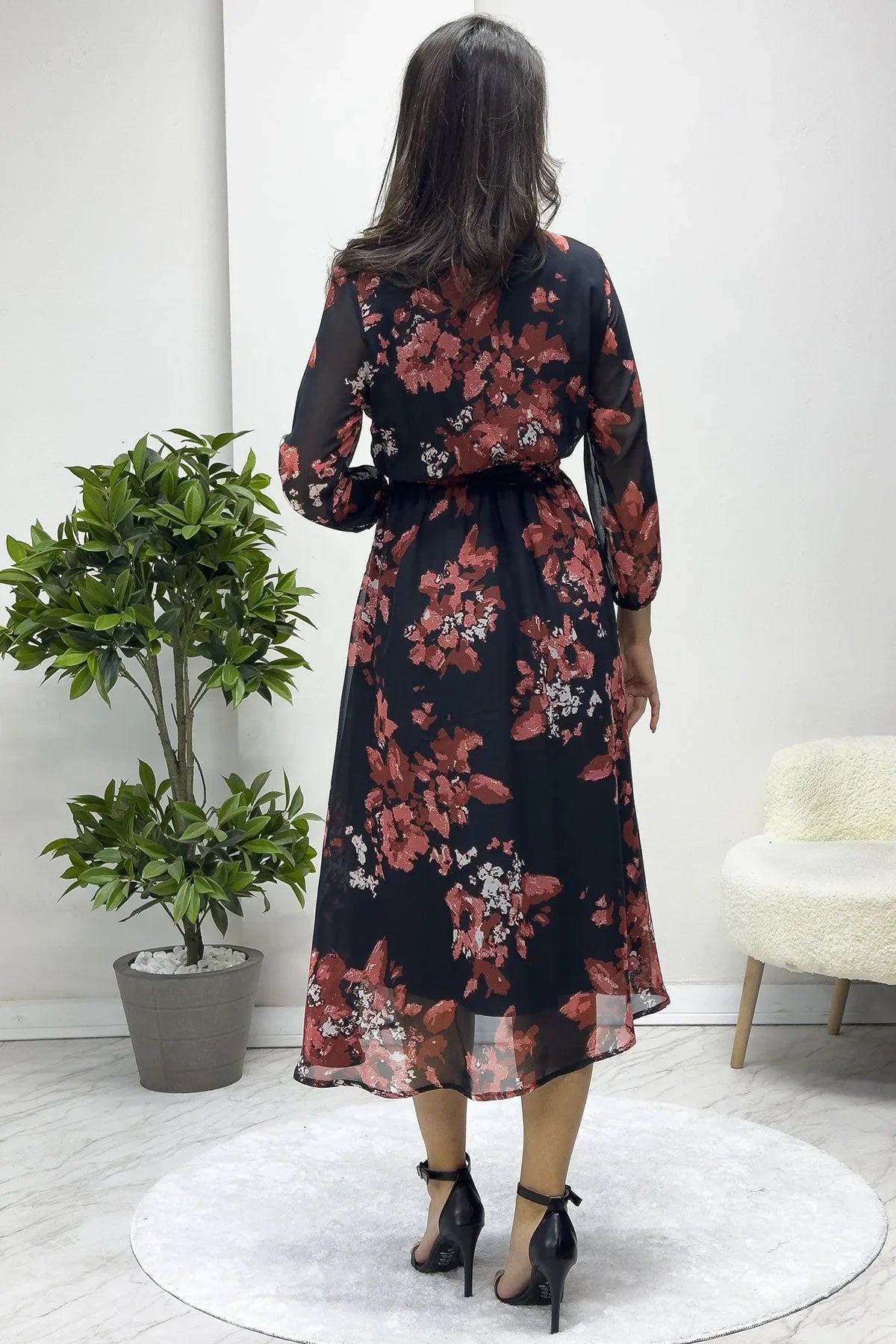 Nar Çiçeği Desenli Balon Kol Kruvaze Midi Boy Şifon Elbise - the ZKS