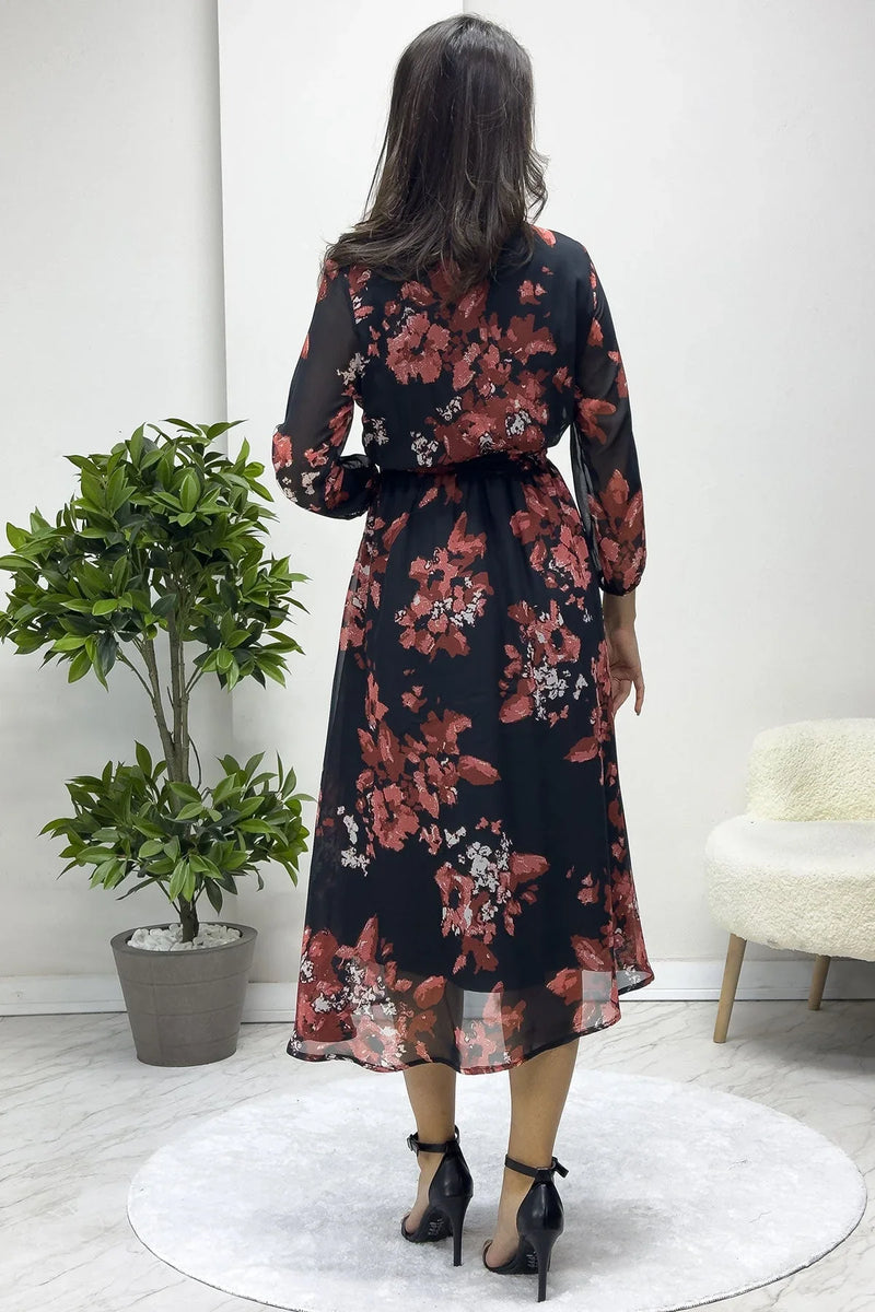 Nar Çiçeği Desenli Balon Kol Kruvaze Midi Boy Şifon Elbise - the ZKS
