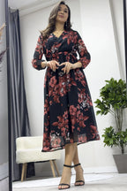 Nar Çiçeği Desenli Balon Kol Kruvaze Midi Boy Şifon Elbise - the ZKS