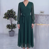 Zümrüt Yeşili Kruvaze Yaka Şifon Büyük Beden Elbise