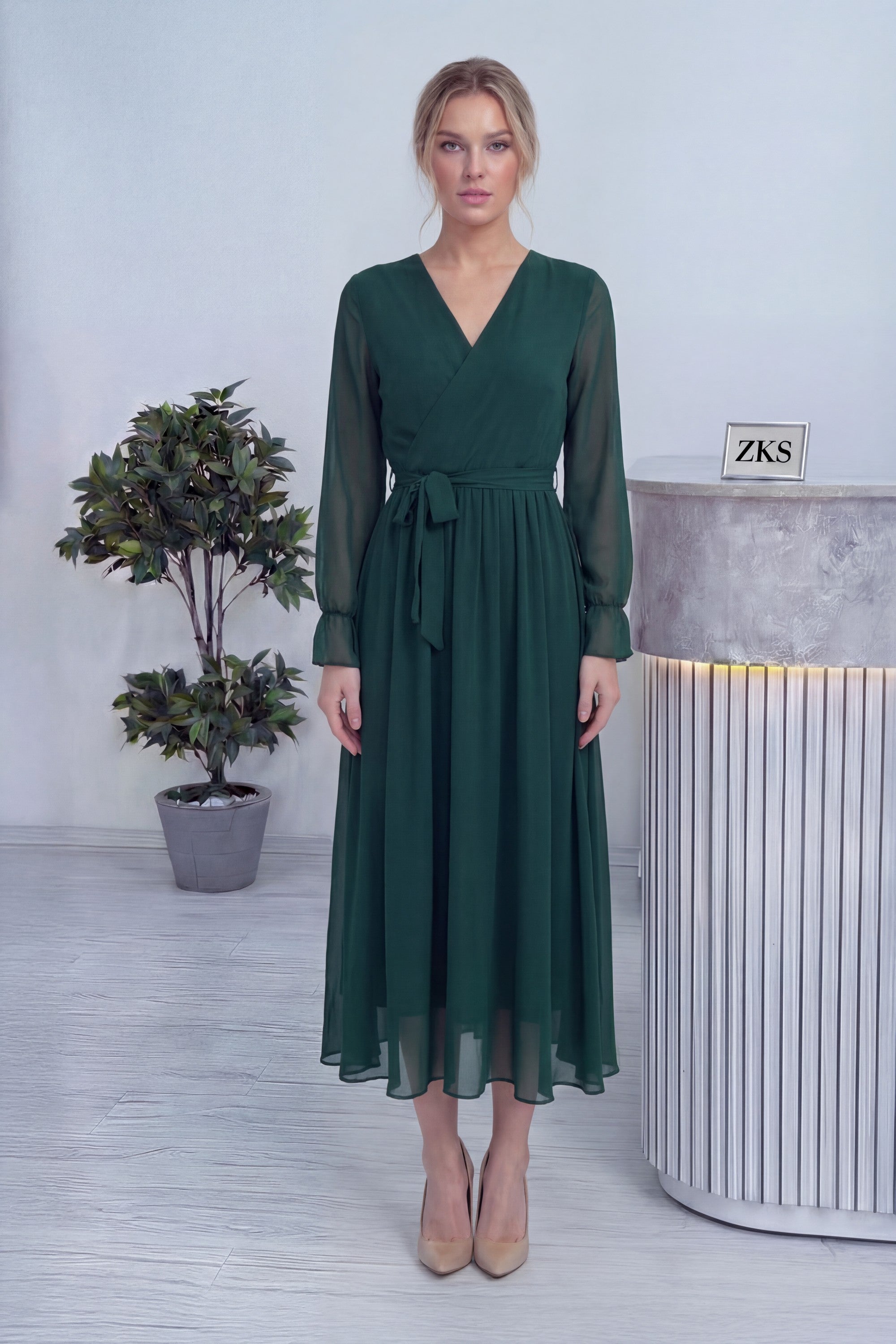 Zümrüt Yeşili Kruvaze Yaka Şifon Büyük Beden Elbise