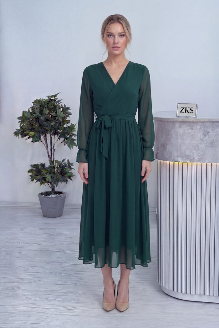 Zümrüt Yeşili Kruvaze Yaka Şifon Büyük Beden Elbise