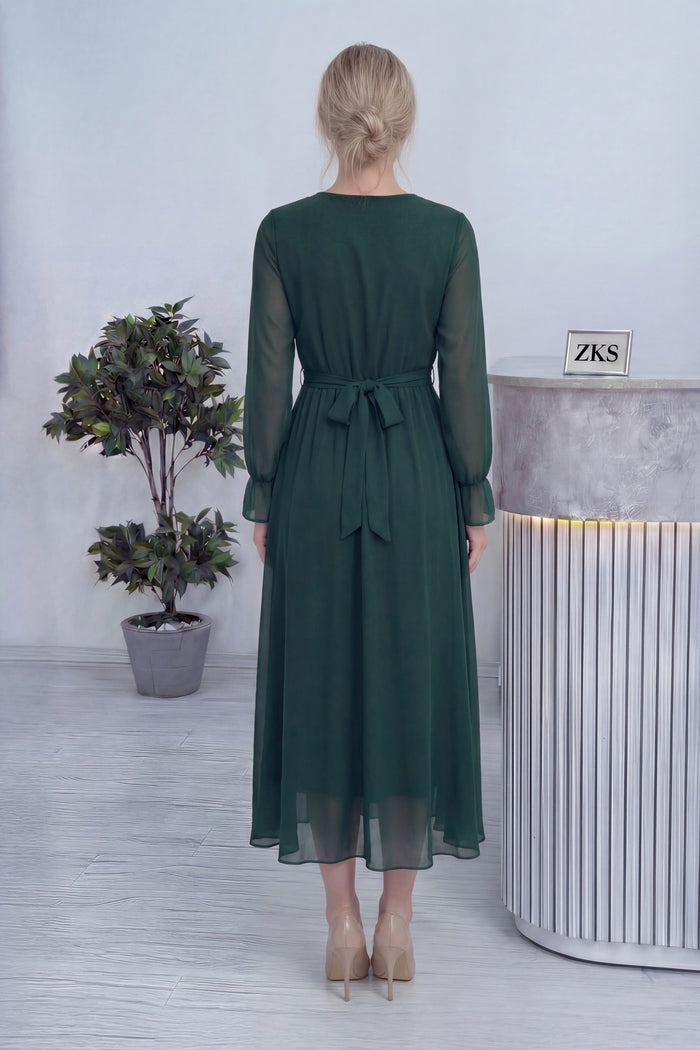 Zümrüt Yeşili Kruvaze Yaka Şifon Büyük Beden Elbise