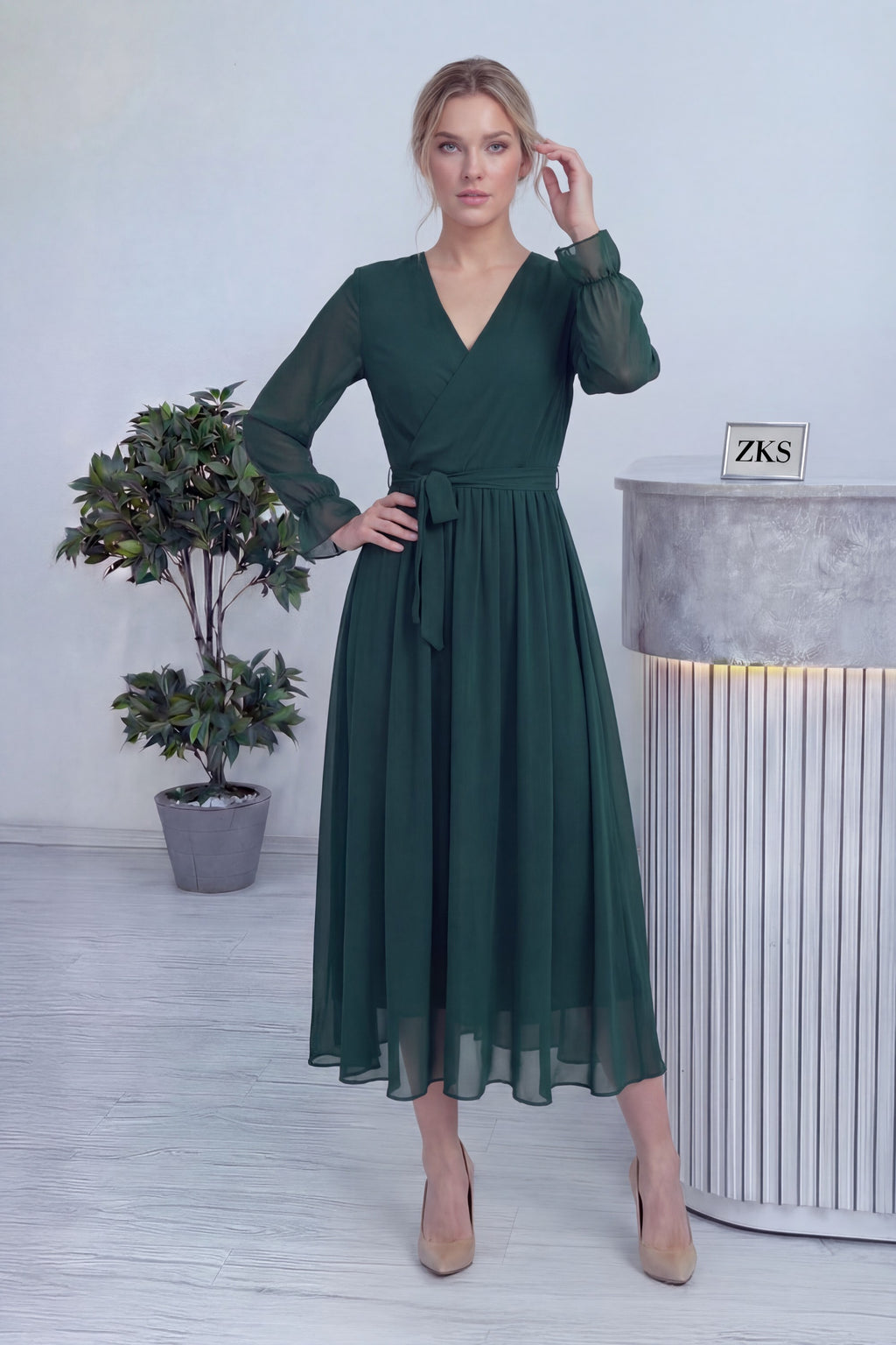 Zümrüt Yeşili Kruvaze Yaka Şifon Büyük Beden Elbise