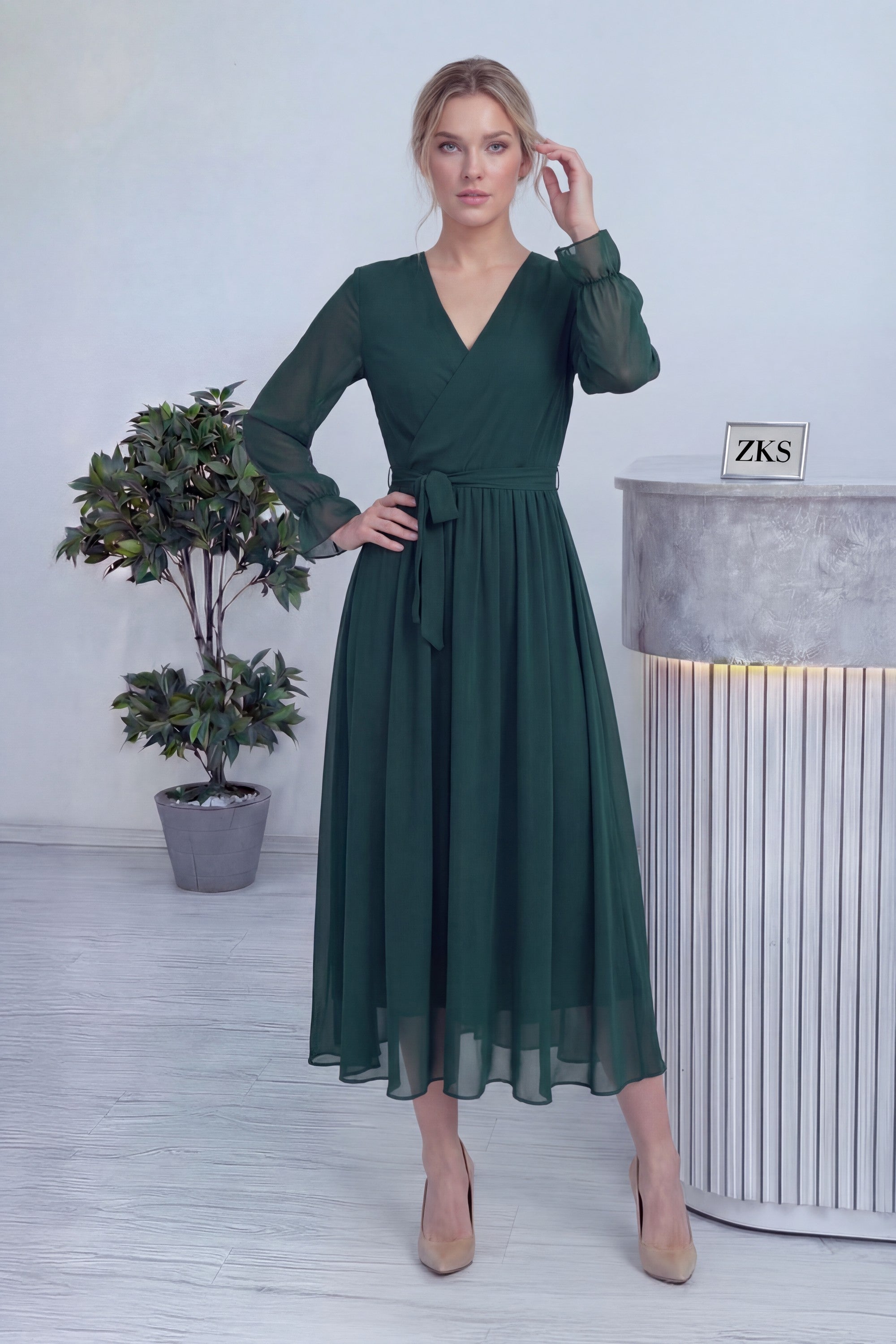 Zümrüt Yeşili Kruvaze Yaka Şifon Büyük Beden Elbise