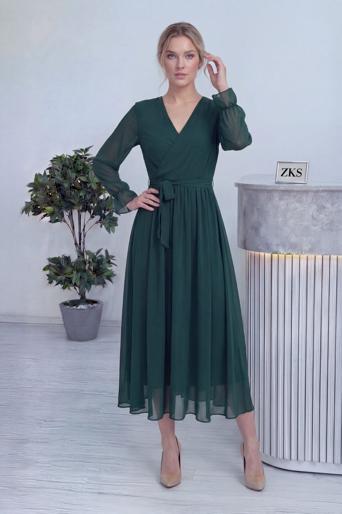 Zümrüt Yeşili Kruvaze Yaka Şifon Büyük Beden Elbise