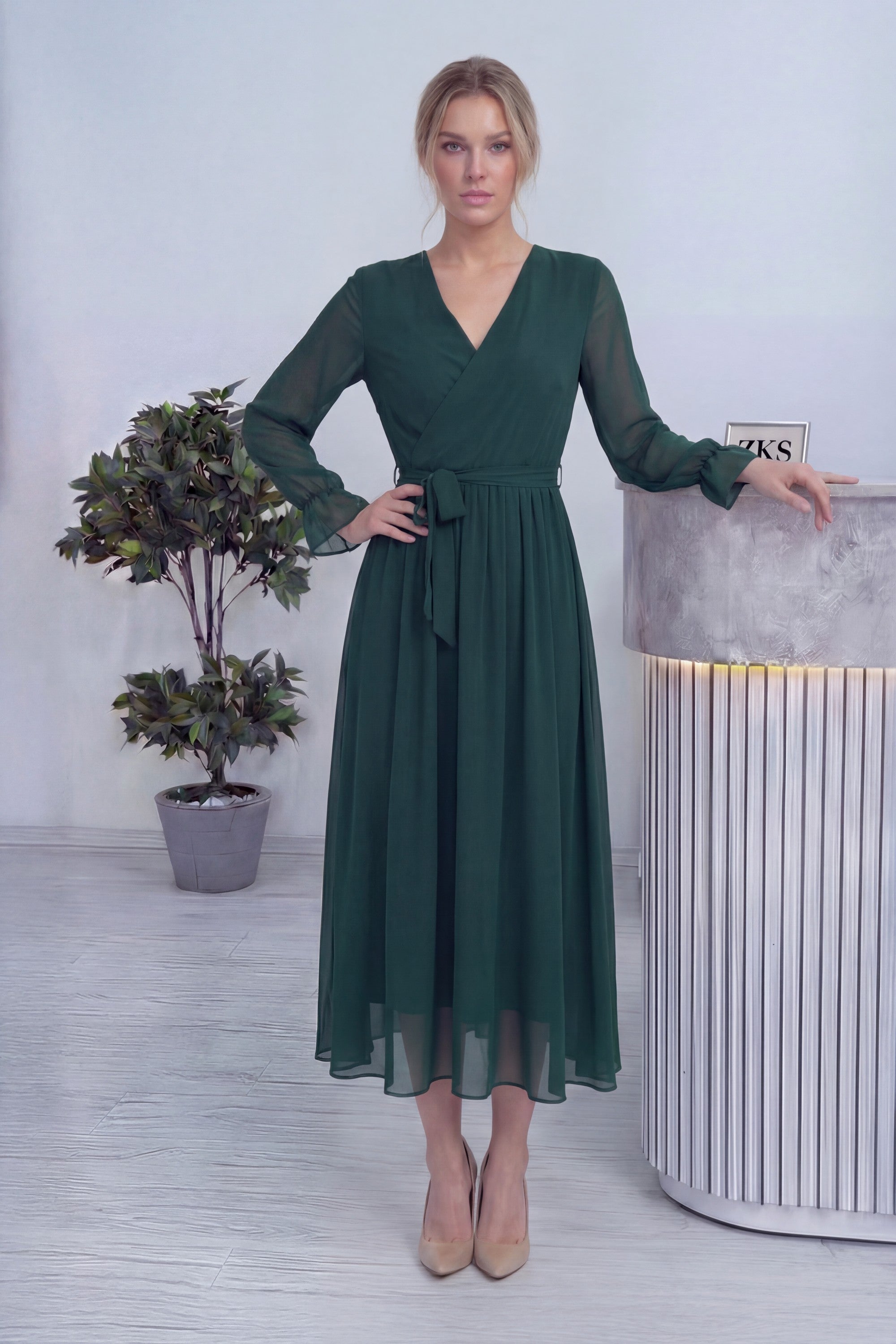 Zümrüt Yeşili Kruvaze Yaka Şifon Büyük Beden Elbise