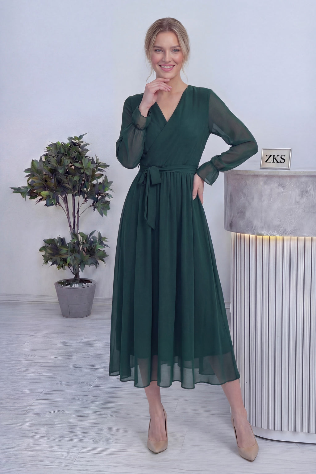 Zümrüt Yeşili Kruvaze Yaka Şifon Büyük Beden Elbise