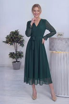 Zümrüt Yeşili Kruvaze Yaka Şifon Büyük Beden Elbise