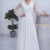 Beyaz V Yaka Tül Abiye Elbise