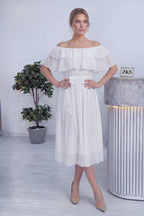 Beyaz Madonna Carmen Fırfır Yaka Büyük Beden Şifon Elbise