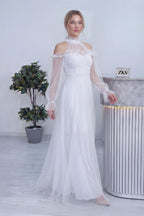 Beyaz Tül Drapeli Kloş Abiye