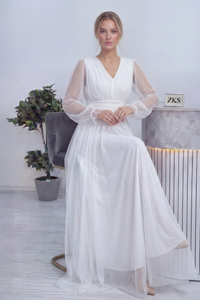 Beyaz V Yaka Tül Abiye Elbise