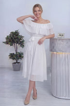 Beyaz Madonna Carmen Fırfır Yaka Büyük Beden Şifon Elbise