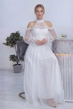 Beyaz Tül Drapeli Kloş Abiye