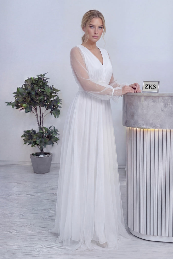 Beyaz V Yaka Tül Abiye Elbise