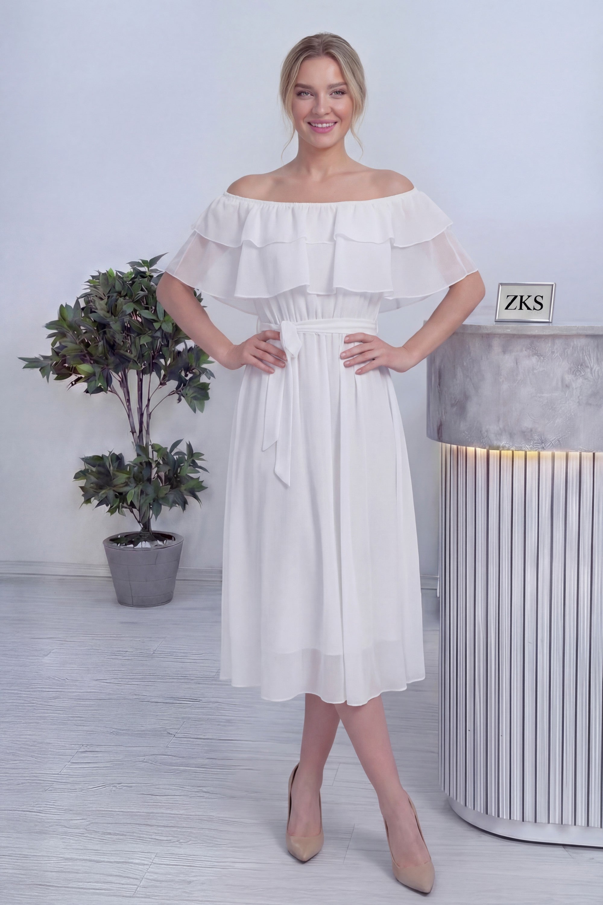 Beyaz Madonna Carmen Fırfır Yaka Büyük Beden Şifon Elbise