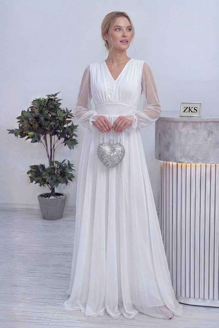 Beyaz V Yaka Tül Abiye Elbise