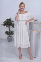 Beyaz Madonna Carmen Fırfır Yaka Büyük Beden Şifon Elbise