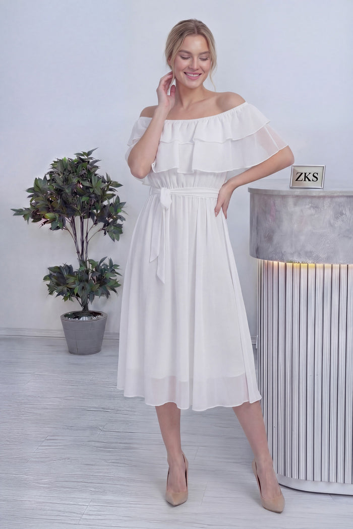 Beyaz Madonna Carmen Fırfır Yaka Büyük Beden Şifon Elbise