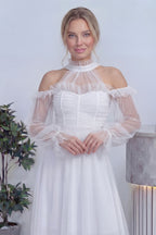 Beyaz Tül Drapeli Kloş Abiye