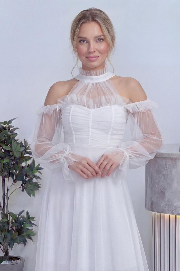 Beyaz Tül Drapeli Kloş Abiye