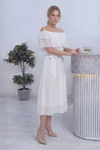 Beyaz Madonna Carmen Fırfır Yaka Büyük Beden Şifon Elbise