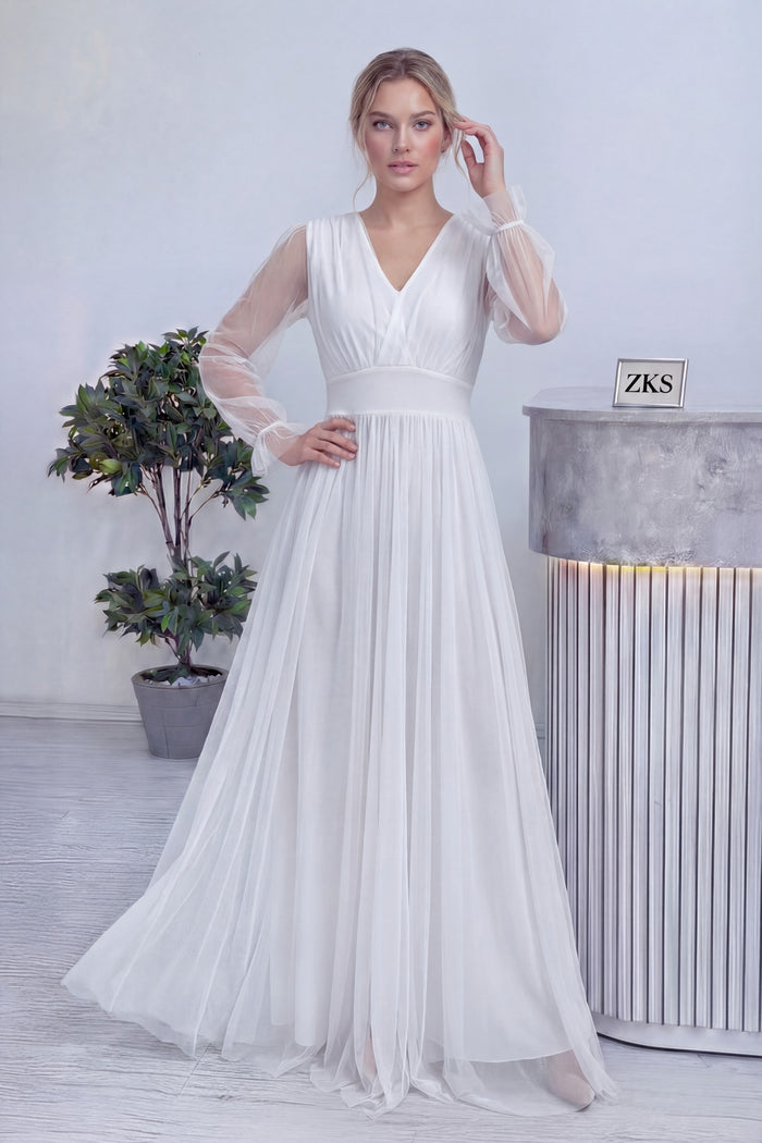 Beyaz V Yaka Tül Abiye Elbise