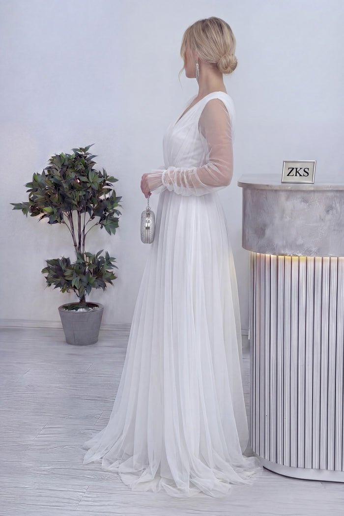 Beyaz V Yaka Tül Abiye Elbise